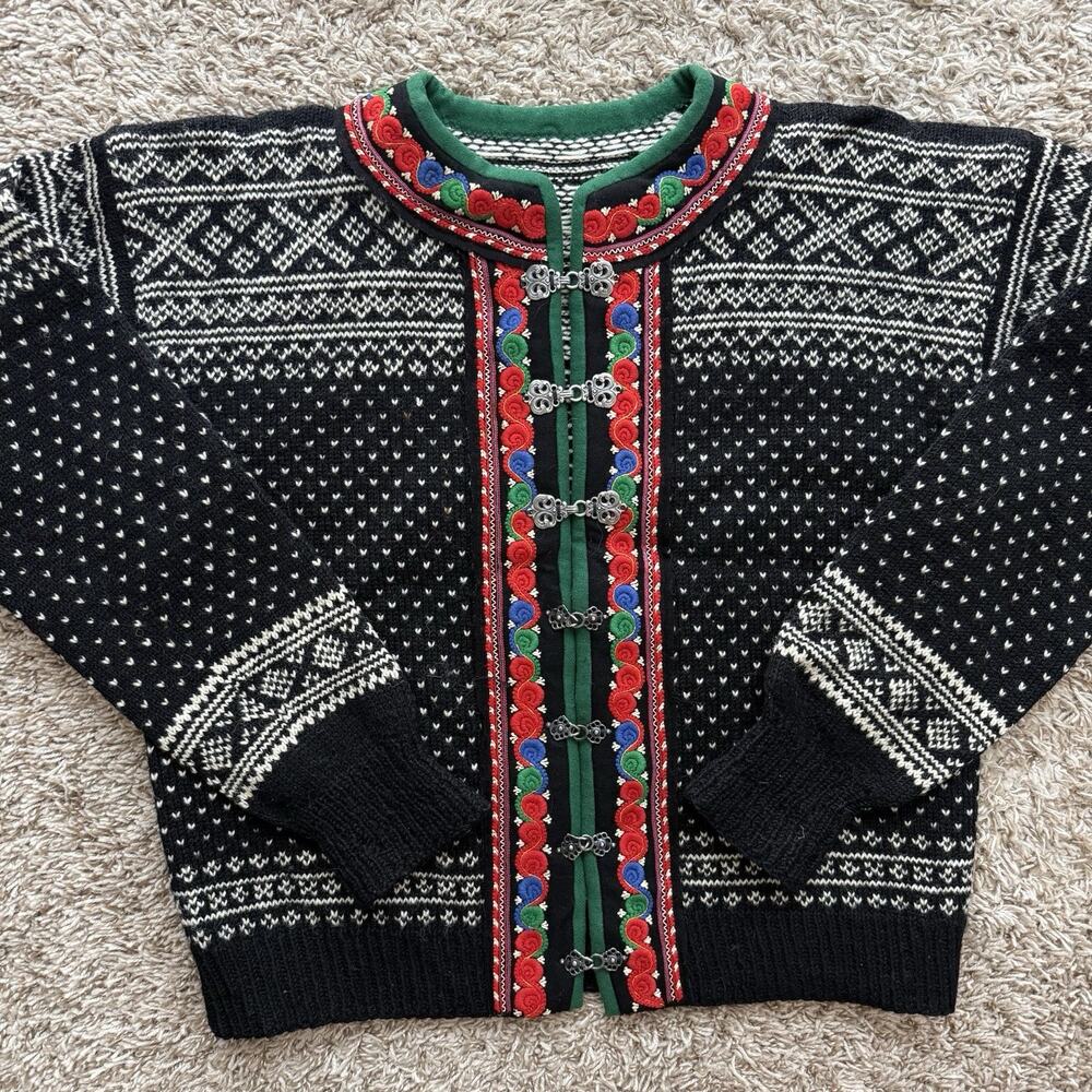 Vintage Nordic Norwegian Birds Eye Knit Wool Sweater Black Women’s Size Medium